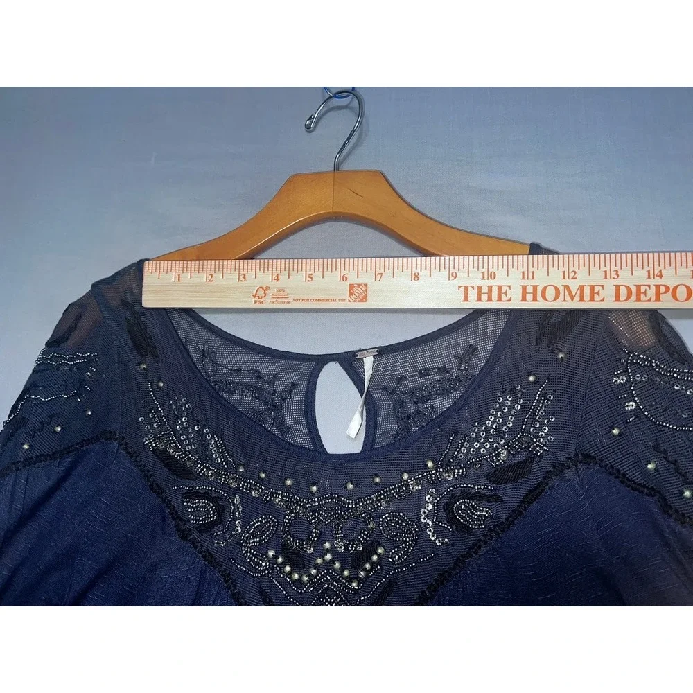 Free People Navy Blue Beaded Sequin Mesh Yoke Long Sleeve Flowy Blouse XS Boho
